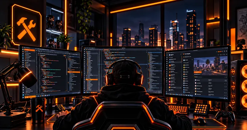 Developer workstation with code and a FiveM server on screen
